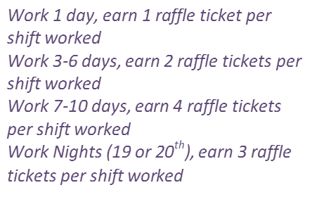 Work 1 day, earn 1 raffle ticket per shift worked  Work 3-6 days, earn 2 raffle tickets per shift worked  Work 7-10 days, earn 4 raffle tickets per shift worked  Work Nights (19 or 20th), earn 3 raffle tickets per shift worked  