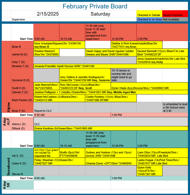 private lesson board